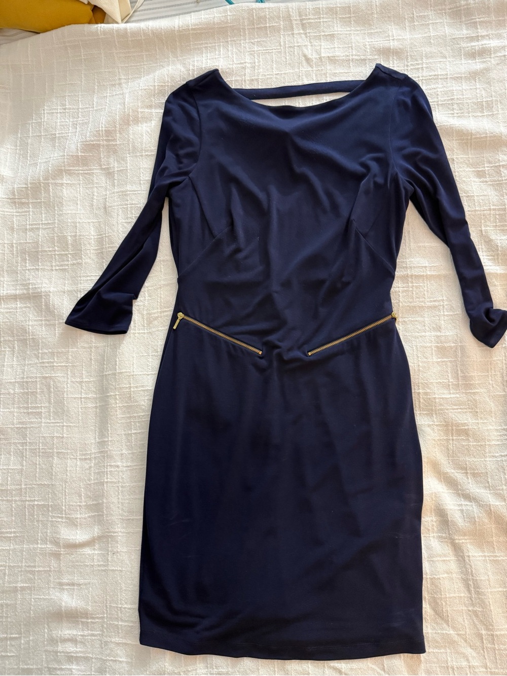 Long Sleeve Navy Sheath Dress with Gold Zip Accents